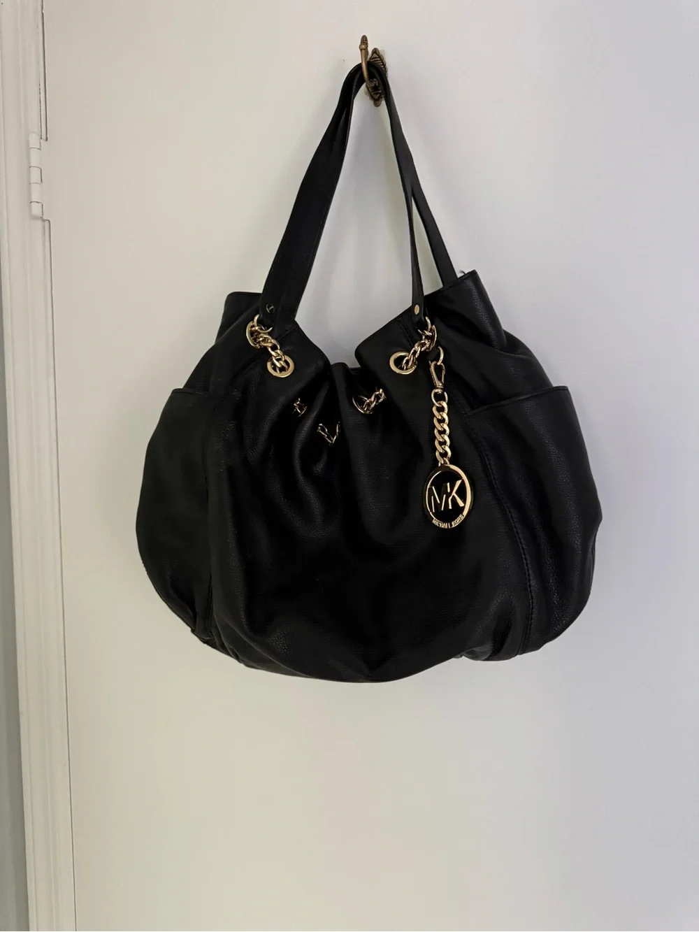 Michael Kors Black Leather Satchel with Gold-Tone MK Charm